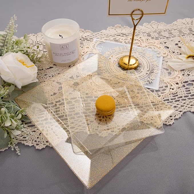 Liacere 60Pieces Gold Glitter Plastic Plates - Premium Square Disposable - Include 30PCS 9.5inch Gold Dinner - 30PCS 7inch Gold Dessert/Salad Plates for Party&Wedding&Christmas
