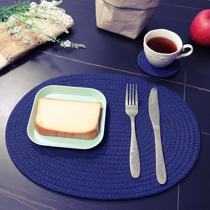 Braided Placemats Set of 6, Cotton Fabric Oval Table Mats Non Slip Washable 16 * 12 inch Oval Place Mats, 6 Pack Blue Woven Placemats