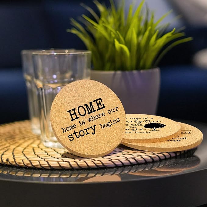 Coasters for Drinks with Holder Set of 6, Family Coasters Home&Love Coaster for New Home Couples House Warming Gifts Absorbent Cork Wood for Cup Desk Coffee Table Office Kitchen Decor, Round 4"