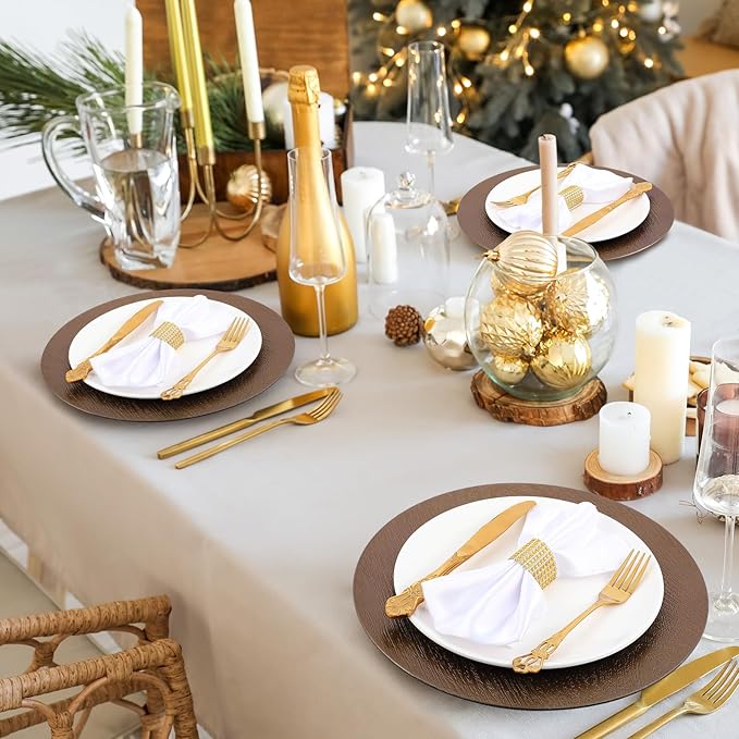 Mifoci 12 Pcs Faux Wooden Charger Plates 13 Inch Round Rustic Plastic Plates Antique Design Bulk Decorative Chargers for Dinner Tray for Wedding Dinner Table Farmhouse Party Event (Brown)
