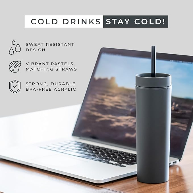 SKINNY TUMBLERS Matte Pastel Colored Acrylic Tumblers with Lids and Straws (4 pack) | 16oz Double Wall Plastic Tumblers With FREE Straw Cleaner! Reusable Cup With Straw | Vinyl DIY Gifts (Black)