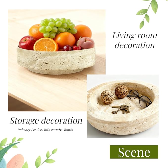 Natural Travertine Marble Bowl - 7.8″ Handcrafted Stone Decorative Bowl for Kitchen Fruit, Entryway Keys, Dining Table Centerpiece & Modern Home Decor