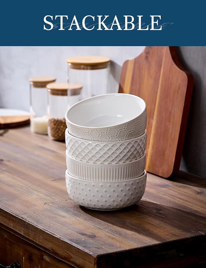 26oz Ceramic Cereal Bowls, Embossed Cereal bowls Set of 4, Large Soup Bowls Wide Anti-Slip Base, Dishwasher & Microwave Safe, 6 inch Stoneware Soup Bowls, Housewarming Gift, Arctic white