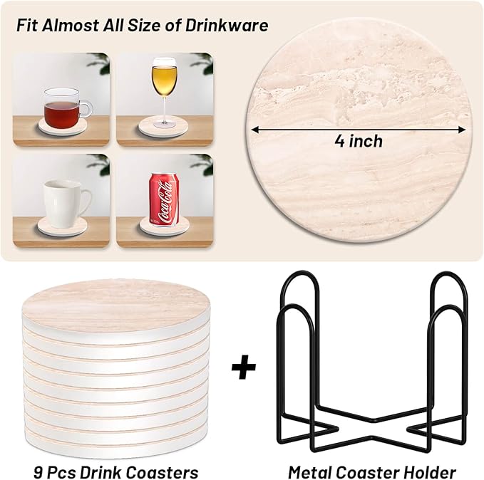 9 Pieces Ceramic Coasters for Coffee Table Absorbent, Billbotk Drink Coasters with Holder, Marble Style Coasters for Wooden Table, Home Decor, Suitable for Kinds of Cups, 4 Inches