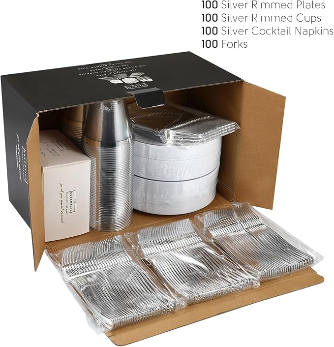 Stylish Disposable Party Set - 100 Cups, Forks, Napkins, 7.5 Inch Dessert Plates, Cake Plates, Appetizer Plates