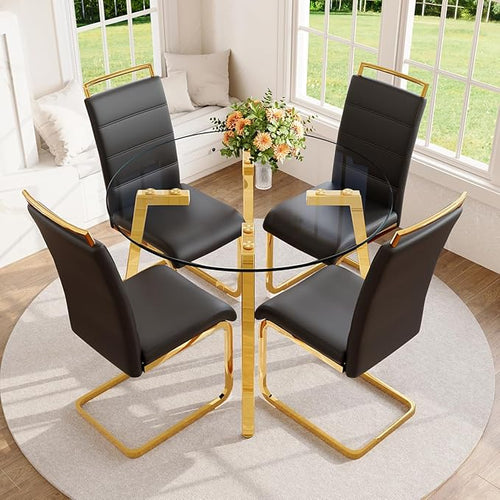 42" Round Glass Dining Table Set for 4,Modern Breakfast Table Set for 4 with Luxury Gold Chrome Legs,Space Saving Kitchen Table and Black Chairs for Apartment,Easy Assembly