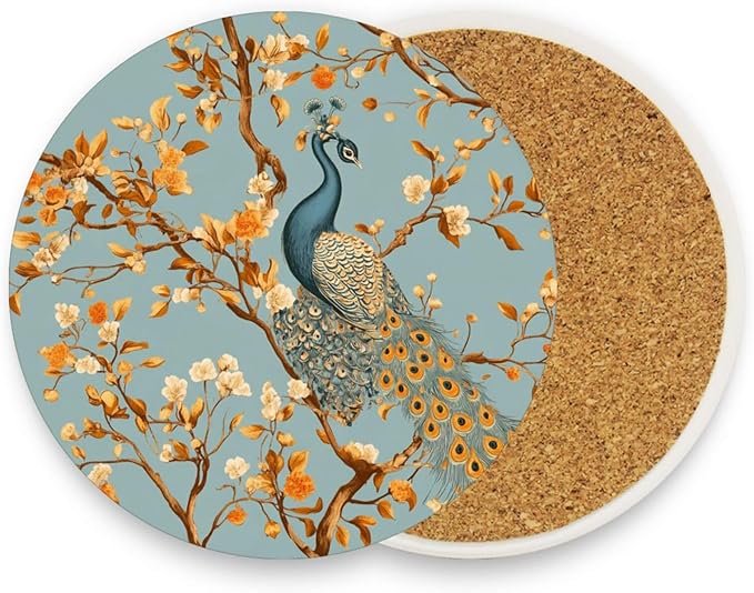 Coasters for Drinks Coaster Drink Set Decorative Coffee Table Desk Cup Mat Spring Cute Cork Bar Backing Round Home Decor Orange Branch Peacock21