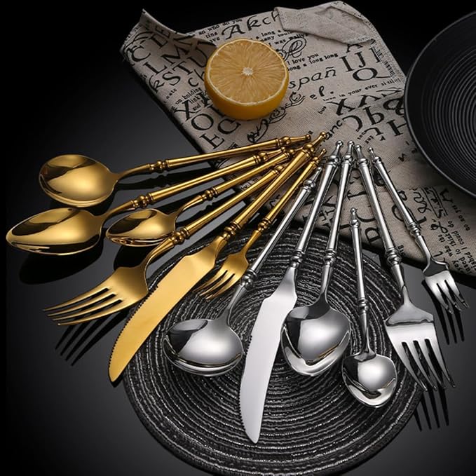 Gold Silverware Set for 14 Premium 18/10 Stainless Steel Flatware Set 56 Piece Include Knives Forks and Spoons Cutlery Utensils Light Luxury Vintage Style for Home Kitchen Christmas Restaurant