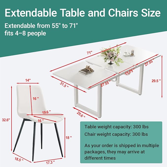 Extendable Dining Table Set for 4, 55"–71" Modern White Kitchen Table with 4 Upholstered Chairs, Space-Saving for Living Room Apartment, Sturdy & Comfortable, Easy Assembly