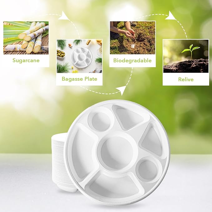 three leaf 7 COMPARTMENT BAGASSE ROUND PLATE, 100 Ct. Heavy-Duty- Super Strong- Natural- Eco-Friendly Disposable Bagasse Plates, 100% Biodegradable 7 compartment plates