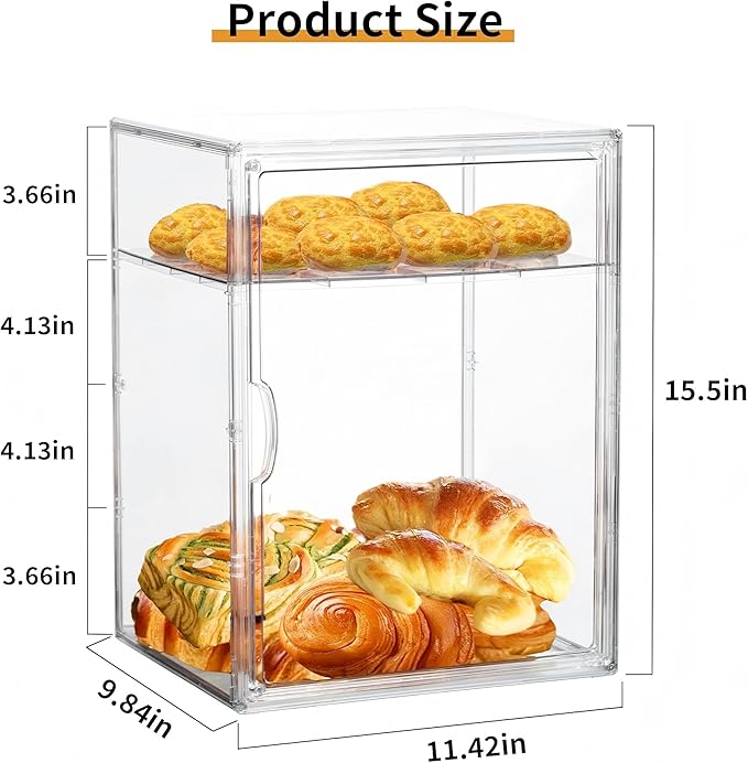 Attelite Pastry Display Case,2 Pack 4 Layers Adjustable Clear Bread Box for Kitchen Countertop,Bread Storage with Magnetic Door Bakery Pastry Display15.5x11.4x9.8inch