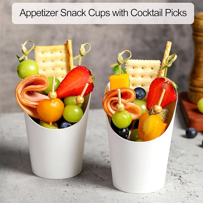 60 Sets Disposable Charcuterie Cups with Sticks and Bags, 14 oz White Kraft Paper Snack Boxes Appetizers Cup French Fry Holder with Cocktail Skewers Toothpicks Tooth Picks(60 Cups+60 Bags+200 Sticks)