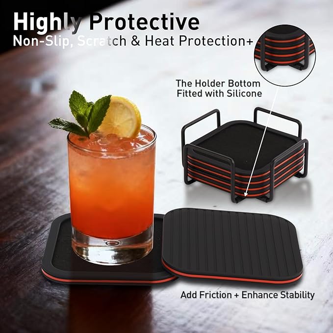 Lexenic Sleek Absorbent Coasters for Drinks with Holder, Silicone Cup Mat with Removable Felt Insert, Non-Slip, Non-Stick, Lovely Gift for Coffee Table Kitchen Decor, 6PCS (Black Red)