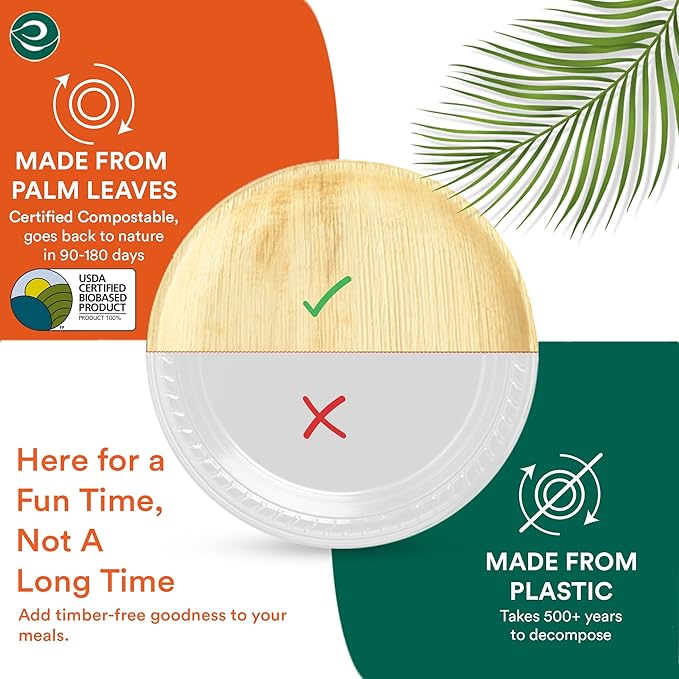 ECO SOUL Palm Leaf Disposable Bamboo Plates 10" Round Compostable & Biodegradable Party Plates for Dinner, Weddings, Parties & Events 100 Count