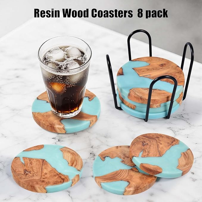 Resin Wood Coaster Set of 8 - Handmade Epoxy Coasters with Holder, Mountain Sea Design for Coffee Table Protection & Home Decor