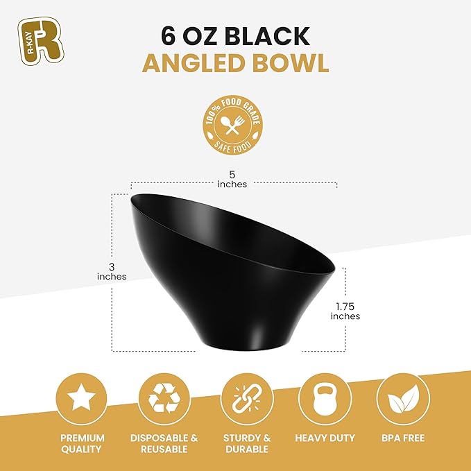R-kay 6 Pack Angled Black Serving Bowls - Small Plastic bowls 6 oz - Premium Plastic Serving Bowls Heavy Duty For Weddings Catering, parties, And All Occasions (Black, Small)