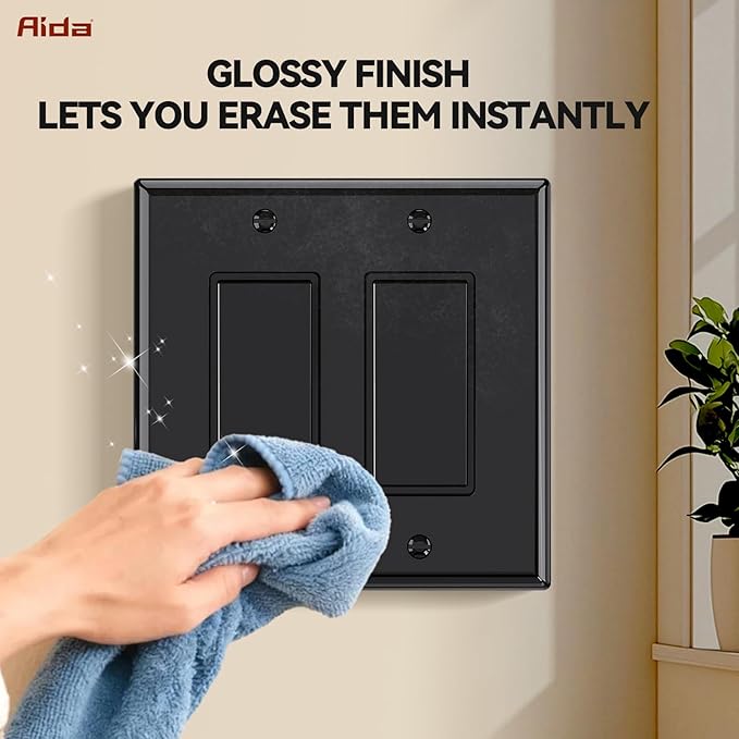 AIDA 2-Gang Decorative Wall Plates, 4.88" H x 4.94" L - Unbreakable Thermoplastic Faceplate Cover for Outlets and Switches, UL Listed - (10 Pack, Glossy Black)