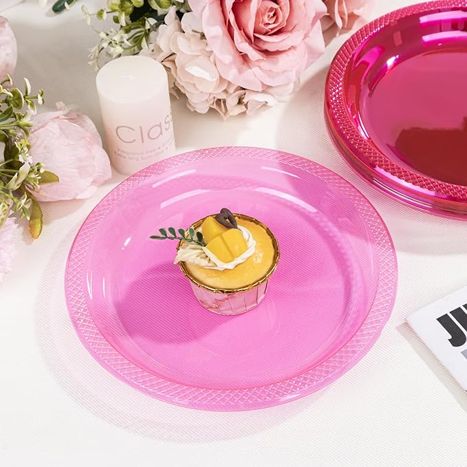 WELLIFE Neon Pink Party Plates 9 Inch -150 Count, Translucent Pink Plastic Disposable Dessert Plates for Fluorescent Neon Theme Party Cake Appetizers Valentine's Day Easter Baby Shower Mother's Day