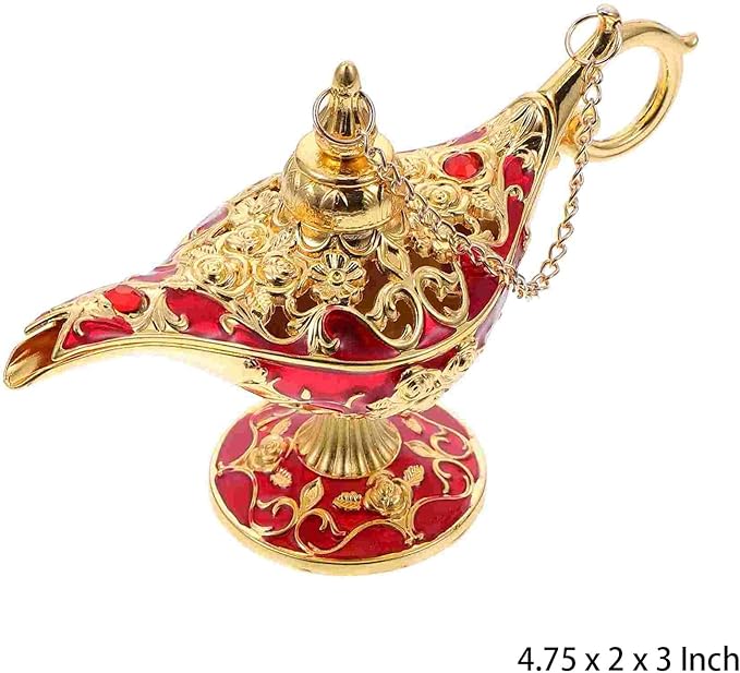 Mini Vintage Aladdin Magic Genie Lamp,Metal Wishing Light,Arabian Costume Props Lamp Tabletop Decor Crafts for Home/Wedding Decoration&Gift for Party/Halloween/Birthday (Golden Red)