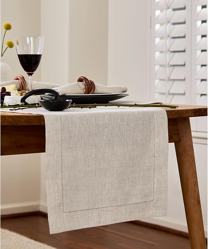 Solino Home Linen Light Natural Table Runner 36 Inches - Classic Hemstitch, 100% Pure Linen Coffee Table Runner 14 x 36 Inch Ideal for Dresser Tables - Spring, Easter