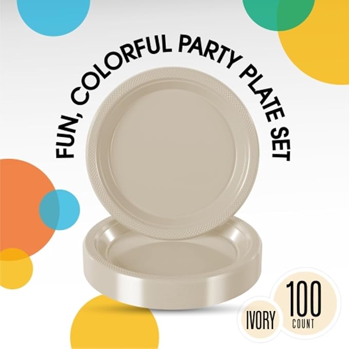 Ivory Plastic Plates - 9 Inch, 100 Pack, 350 GSM
