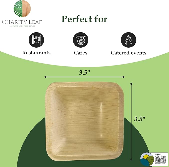 Charity Leaf Disposable Palm Leaf 3.5" Square Mini Bowl (400 pcs) Dipping Bowls | Bamboo Like| All Natural and Biodegradable | Charcuterie Boards, BBQs, and Parties