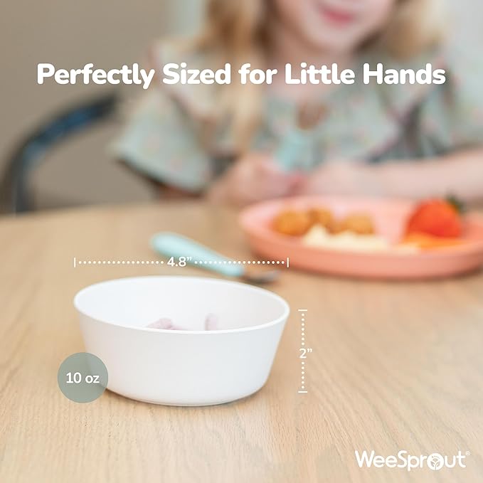 WeeSprout Bamboo Kids Bowls with Lids, Set of Four 10 oz Kid-Sized Dinnerware, Cereal, Leftovers & Snack Bowl, Dishwasher Safe (Pink, Green, Gray, & Beige)