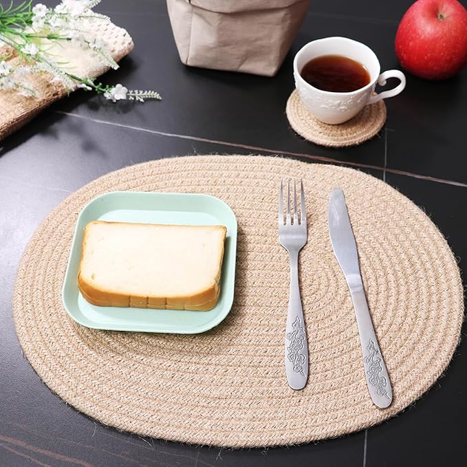 Braided Placemats Set of 4 Cotton Fabric Oval Table Mats Non Slip Washable 16 * 12 inch Oval Place Mats, 4 Pack Jute Woven Placemats