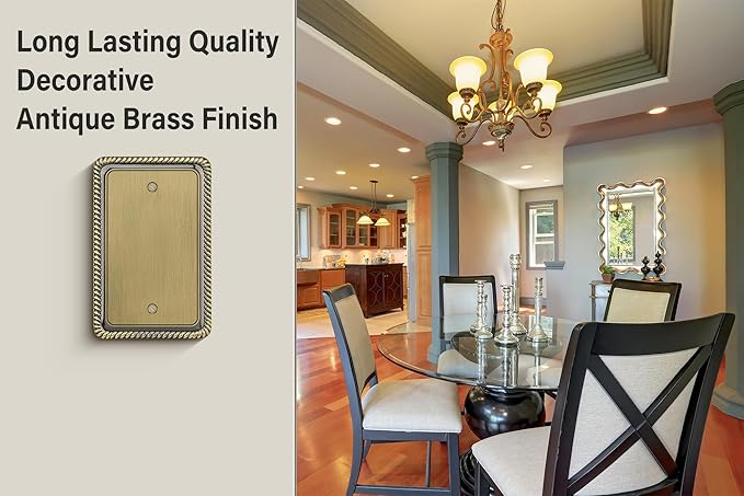 Henne Bery Rope Edge Decorative Wall Plate Switch Plate Outlet Cover (Single Blank, 2 Pack, Antique Brass)