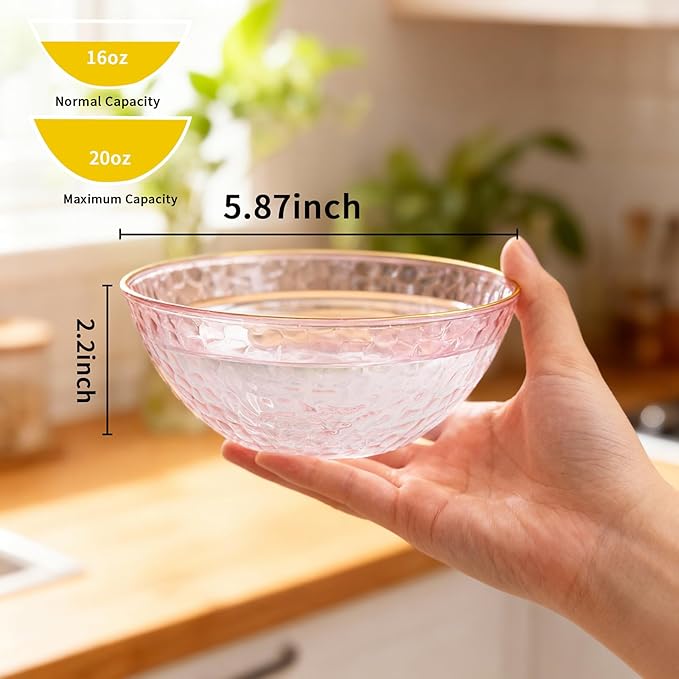Tinybee 30 Pack Pink Plastic Bowls - Pink Disposable Bowls for Party with Gold Rim, 16-20oz Premium Hammered Bowls Disposable Heavy Duty, Plastic Salad Bowls for Milk Cereals, Snacks, Salads