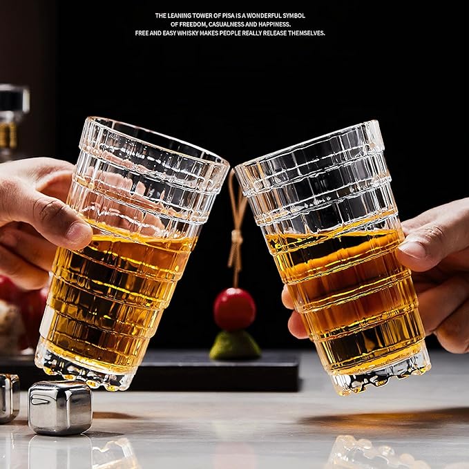 Vintage Drinking Glasses Set of 6, 15 oz Brick-Shaped Glass Cups, Mojito Glass Cups Stackable Water Tumbler, for Beer, Cocktail, Whiskey, Juice & Mixed Drinks.