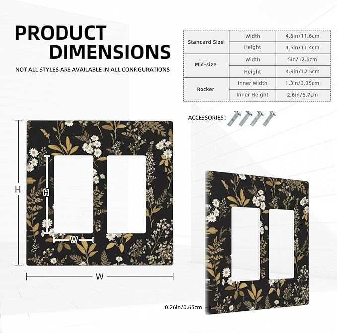 Outlet Covers Black/Gold Boho Botanical Floral Rustic Flowers 2 Gang Light Switch Cover Double Rocker Wall Plate Decorative GFCI Receptacle Electrical Switchplate for Bathroom Kitchen（2 Pack）