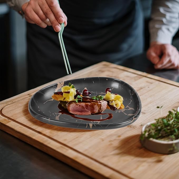 Marble Pattern Oval Dinner Plate 10.2 Inch Imitation Porcelain Steak Plate Western Tableware Fruit Storage Tray for Home Dining