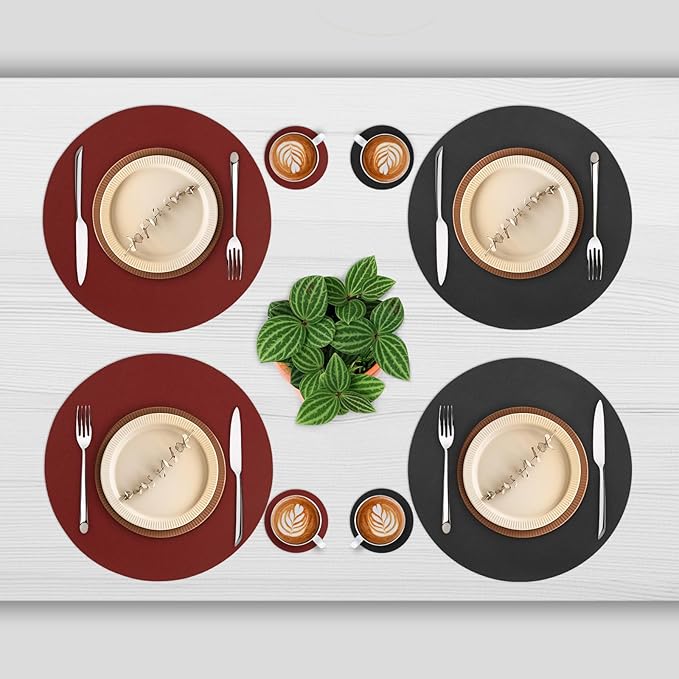 Myir JUN Round Placemats Set of 6 Faux Leather Place Mats and Coasters 15 inch Round Table Mats Dual Sided Non-Slip Stain Resistant Placemats (Red & Black, Set of 6)