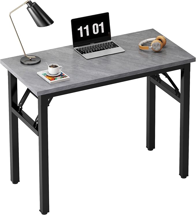 Need 31.5 Inch Folding Desk for Small Spaces, Home Office Computer Desk with Grey Wood Top & Black Frame, Foldable Writing Table for Study, Bedroom, Dorm Room & Student