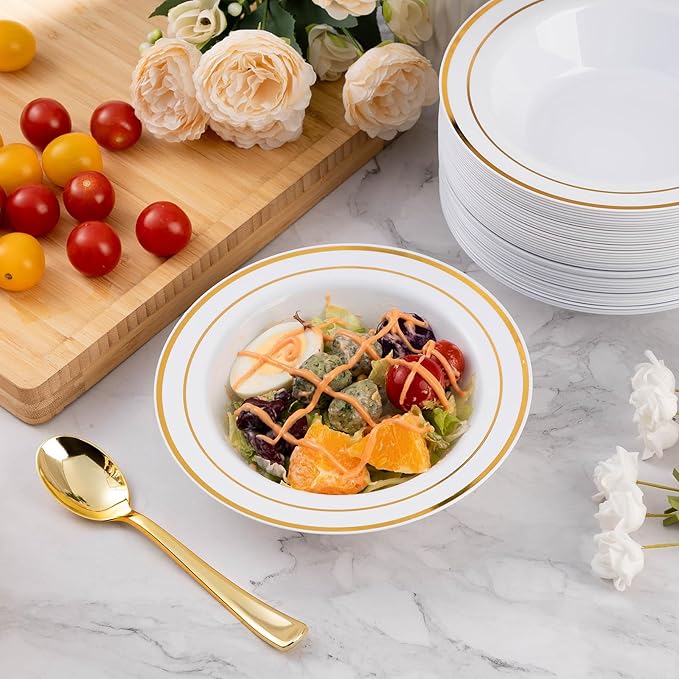 Goodluck 50 Pack Plastic Bowls with Gold Rim, 12oz Disposable Soup Bowls, Heavy Duty Dessert Bowls for Weddings, Parties, Dinners, Catering, Thanksgiving and Everyday Use