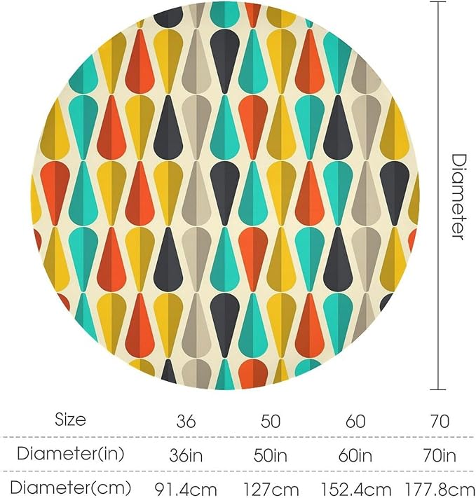 Vintage Bohemian Mid Century Round Tablecloth, Retro 50s 60s Geometric Pattern Print Tablecloth for Home Party Dining Room Kitchen Decor 50Inch(127cm)