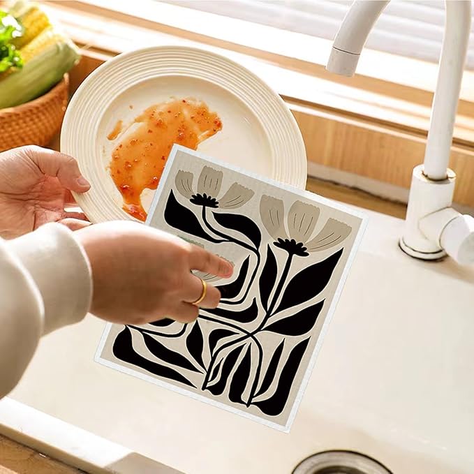 Swedish Dishcloths for Kitchen, Floral Boho Botanical Swedish DishCloths, Papaya Reusable Paper Towels Washable, 4 Pcs Dish Towels for Kitchen Party Home Housewarming Cleaning Cloths