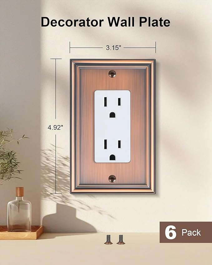 6-Pack Decorator Outlet Cover Plate, Antique Copper Decorative Switch Plates and Outlet Covers, Durable Zinc Alloy Wall Plates for Electrical Outlets, Receptacle, GFCI Outlet, Dimmer Switch