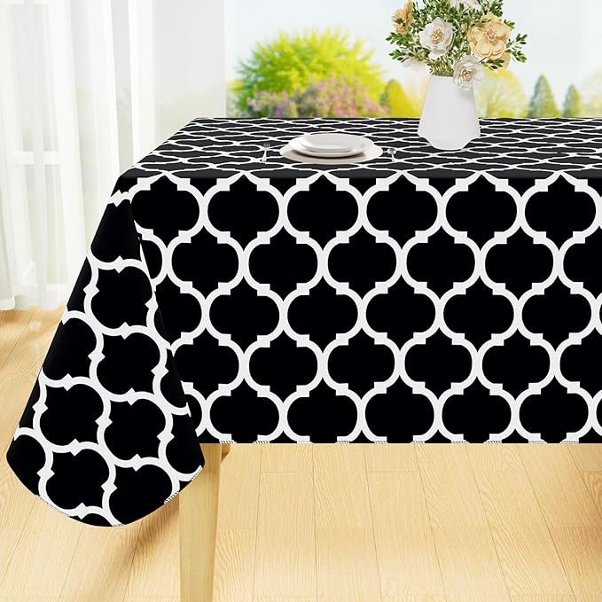 Smiry Rectangle Table Cloth, Waterproof Vinyl Tablecloth with Flannel Backing for Rectangle Tables, Wipeable Spillproof Plastic Tablecloths for Dining, Camping, Indoor and Outdoor (60" x 144", Black)
