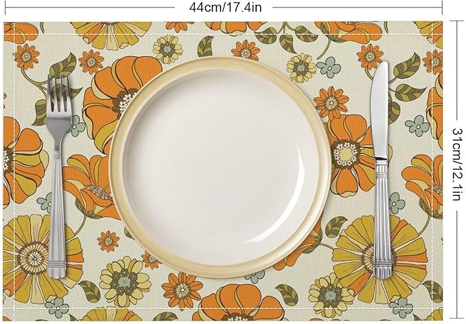 Vintage Boho Plant Floral Placemats，60S 70S Groovy Table Mats for Kitchen Decor Dinner Indoor Retro Hippie Floral Decoration Table Mats Placemat 18"x12" 6 PCS