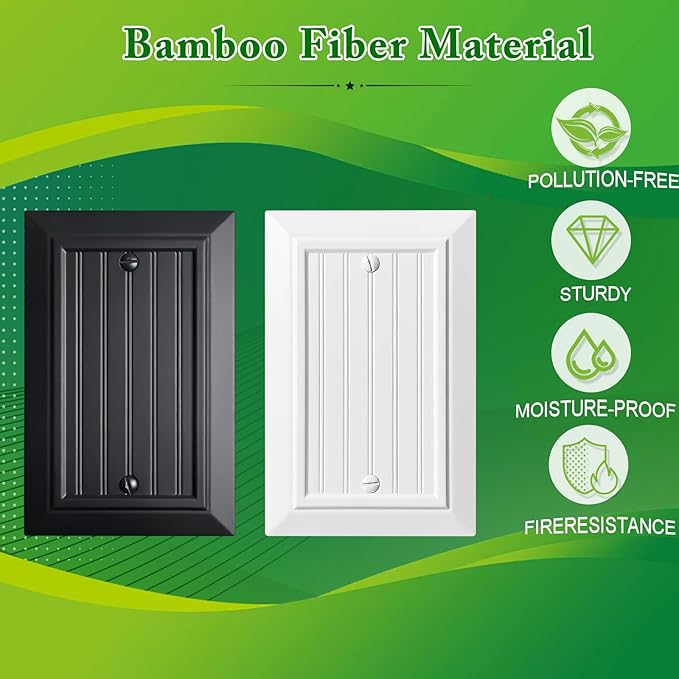 Beadboard Outlet Covers Wall Plates, Bamboo Fiber Light Switch Covers, Natural Material Electric Receptacle Decorative Switch Plate Outlet Cover Matte Black (1 Gang Blank 4 Pack)