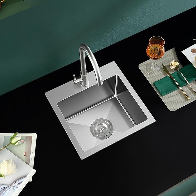 ROVATE 18 × 18 x 9 inch Drop in Kitchen Sink, 304 Stainless Steel Top-mount Kitchen Bar Sink Single Bowl, Small Overmount Handmade Bar Sinks with Basket Strainer