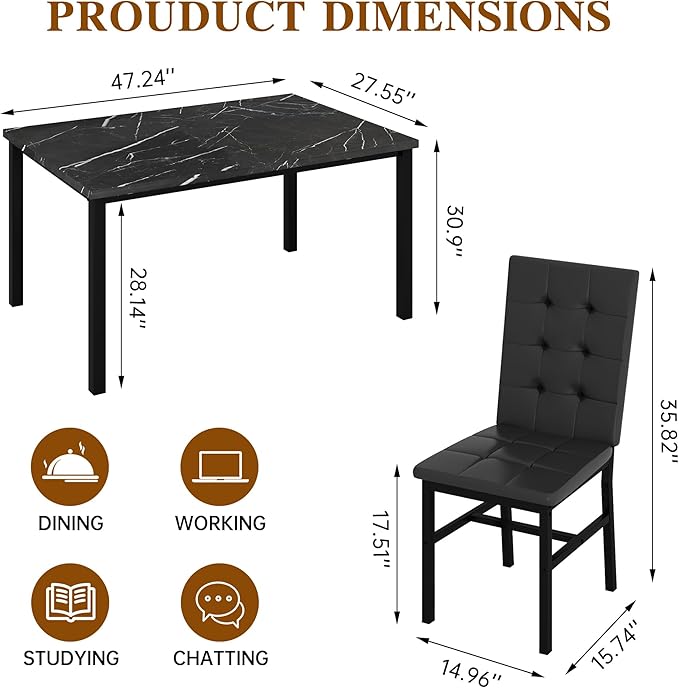 AWQM Dining Table Set for 4,Faux Marble Kitchen Table and Chairs Set of 4, Modern Dining Room Table Set for 4,Dinner Table with 4 Leather Chairs, Dinette Set for Small Spaces (Black&Black)