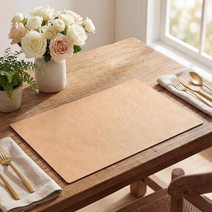 Artoid Mode Pink Faux Leather Placemats Set of 6, 12x18 Inch Waterproof Wipeable Heat Resistant Vinyl Place Mats, Reversible Table Mats for Spring Kitchen Dining Decor