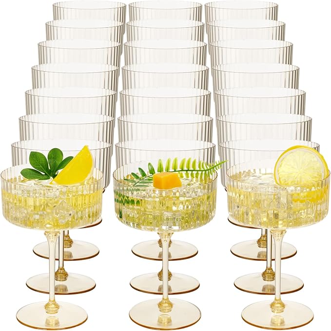 24 Pcs Ribbed Martini Glasses 10 oz Disposable Plastic Vintage Ribbed Coupe Glasses Unbreakable Dessert Parfait Glassware for Wedding Birthday Party Supplies (Gold)