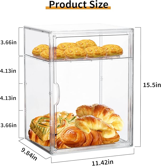 Attelite Pastry Display Case,4 Layers Adjustable Clear Bread Box for Kitchen Countertop,Bread Storage with Magnetic Door Bakery Pastry Display15.5x11.4x9.8inch