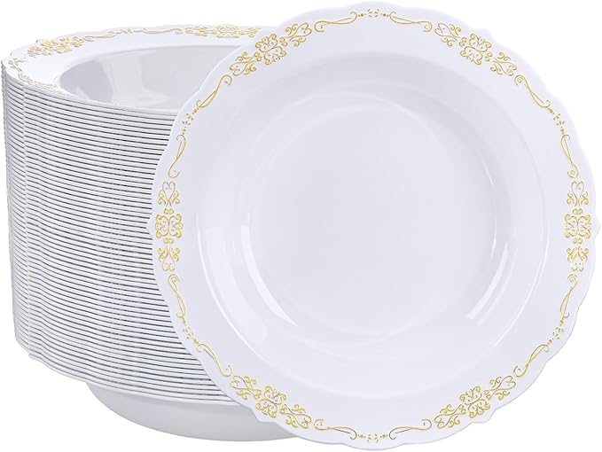DaYammi 50 Pack Plastic Bowls with Gold Rim, 12oz Disposable Soup Bowls, Heavy Duty Dinner Bowls for Weddings,Gold Disposable bowl for Parties, Dinners, Catering and Everyday Use