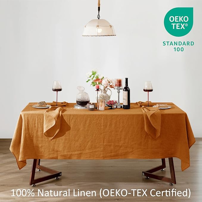 Talasily Linen Tablecloth 100% Pure Linen Table Cloth 60x84 Inches Rectangle Tablecloths Washable Cloths for Kitchen, Dining, Buffet Parties, Holidays, Picnic, Weddings and Restaurants-Caramel