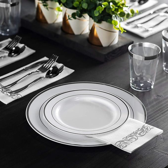 Munfix 100 Silver Plastic Dinner Plates Set, 10.25 Inch Disposable Heavy Duty Fancy Elegant Wedding Party Plates, White with Silver Rim
